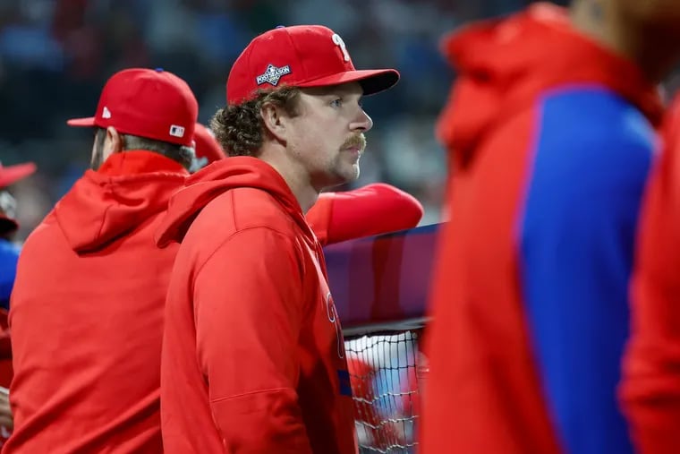 Rhys Hoskins watches Game 7 from the dugout in what could be his last game as a Phillie.
