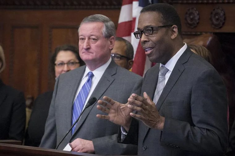 Mayor Kenney and Council President Darrell Clarke during a news conference at City Hall.