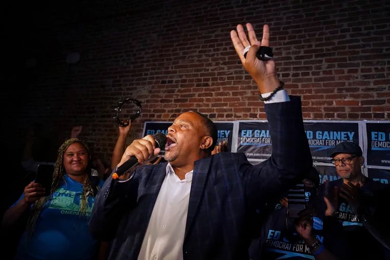 State Rep. Ed Gainey speaks to supporters after winning the Democratic primary for Pittsburgh mayor, Tuesday, May 18, 2021, in Pittsburgh. Gainey defeated incumbent Bill Peduto. (Steve Mellon/Post-Gazette via AP)/Pittsburgh Post-Gazette via AP)