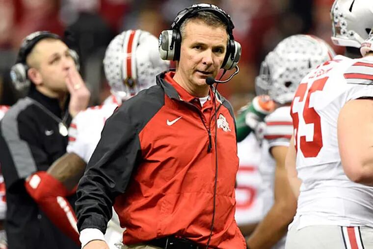 Ohio State Buckeyes head coach Urban Meyer reacts during the first half in the 2015 Sugar Bowl against the Alabama Crimson Tide at Mercedes-Benz Superdome. (John David Mercer/USA Today)
