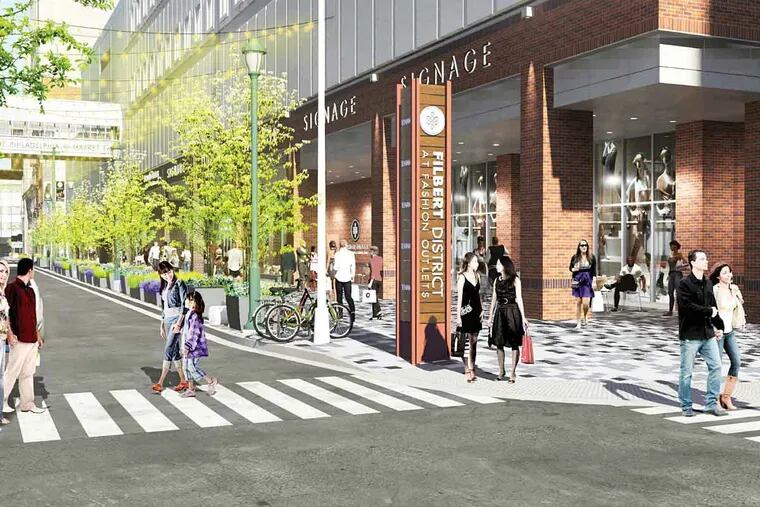 An artist’s rendering of the Filbert Street side of the proposed Fashion Outlets of Philadelphia.
