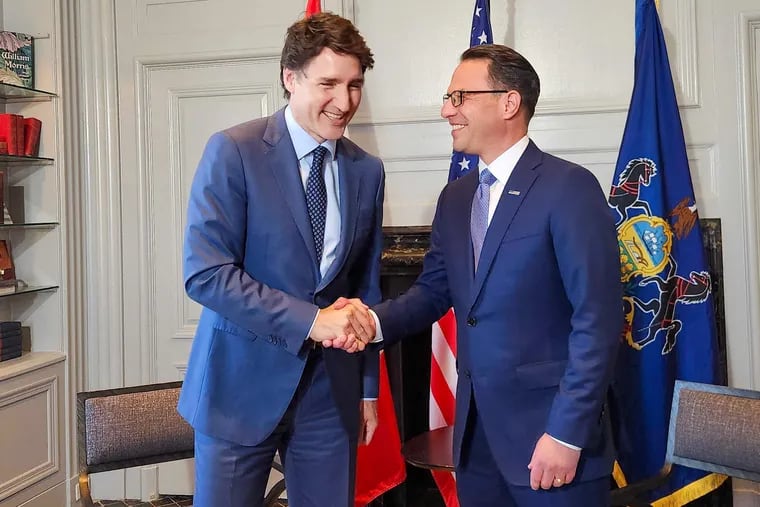 Gov. Josh Shapiro meets with Canadian Prime Minister Justin Trudeau in Center City on Tuesday, May 20, 2024. Trudeau was in Philadelphia to speak at the SEIU convention.
