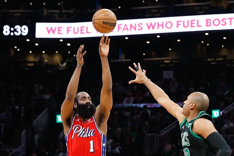 Sixers guard James Harden shoots over Boston Celtics center Al Horford during Game 1 of the Eastern Conference playoff semifinals at TD Garden in Boston on Monday, May 1, 2023.