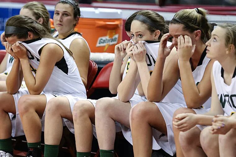 Archbishop Wood's bench after losing to the Blackhawks 51-43 for the
PIAA District AAA Girl's Basketball Championship at the Giant Center
in Hershey, Pa., Saturday,  March 22, 2014.  (Steven M. Falk/Staff Photographer)