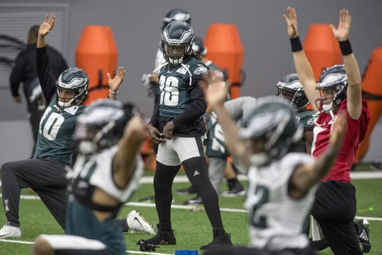 Eagles running back Jay Ajayi during stretching exercises December 14, 2017 as the Eagles practice inside The Bubble for their upcoming game against the New York Giants. CLEM MURRAY / Staff Photographer