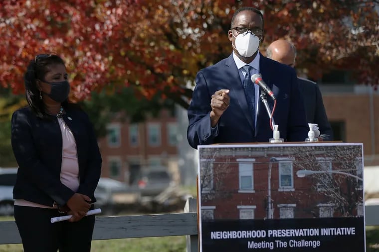City Council President Darrell L. Clarke speaks during a news conference at the site of a planned affordable housing developing at Third and Berks Streets in North Philadelphia on Thursday. Clarke is proposing a 1% tax on construction to fund affordable housing initiatives.