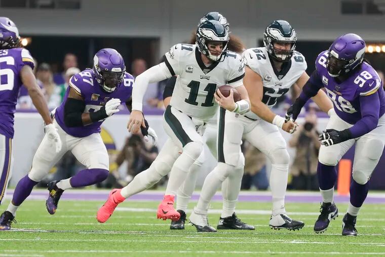 Sports betting in New Jersey and Pennsylvania surged in September, coinciding with the start of the professional and collegiate football seasons. Carson Wentz scrambles with the football against the Minnesota Vikings on Sunday, October 13, 2019 in Minneapolis.