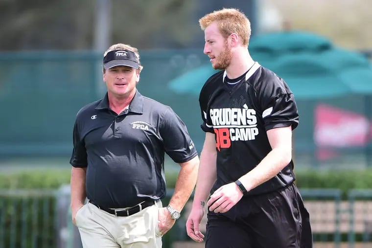 ESPN Monday Night Football analyst Jon Gruden speaks to Carson Wentz ahead of the 2016 NFL Draft as part of his “Gruden’s QB Camp” program. Gruden is reportedly leaving the network to join the Raiders as their next head coach.