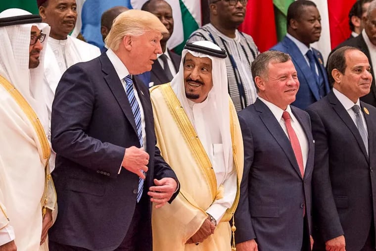 President Trump in Riyadh on May 21 with (from left) Abu Dhabi’s Crown Prince Sheikh Mohammad, Saudi King Salman, Jordan’s King Abdullah II, and Egyptian President Abdel al-Sisi.
