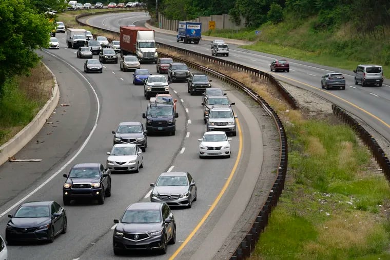 Cars traveling on I-476. State highway authorities chose the final path of the highway through Delaware and Montgomery Counties from three proposed routes, each with their own color.