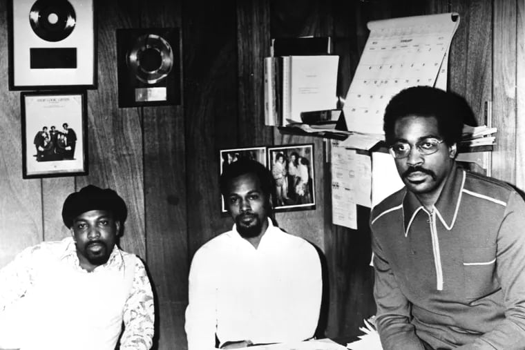 Leon Huff, Thom Bell, and Kenny Gamble at the Philadelphia International Records offices in an undated photograph.