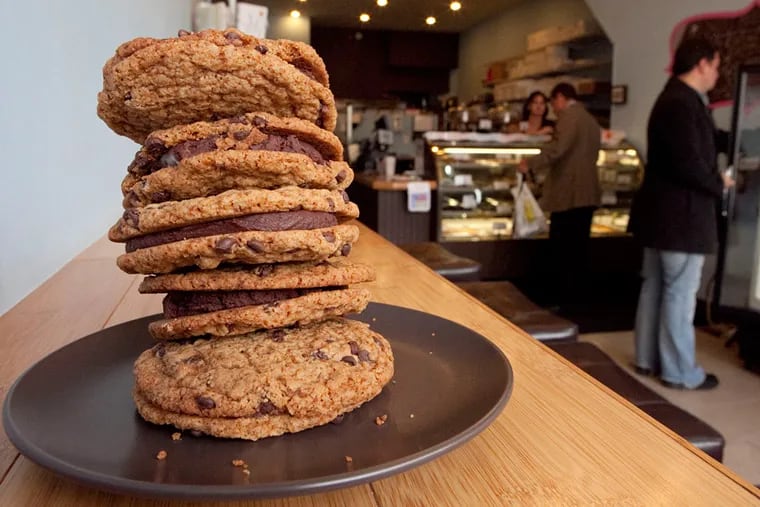 A tower of gluten-free, allergen-free cookie sandwiches at Sweet Freedom Bakery.