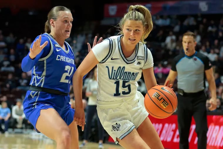 Brooke Mullin (right) of Villanova in action against Creighton during a Big East Tournament semifinal game on March 5, 2023, at Mohegan Sun In Uncasville, Conn.