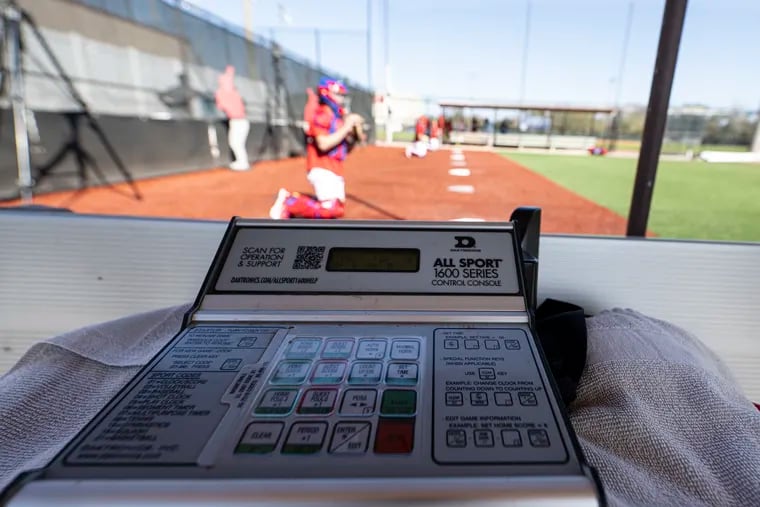 A timing pitching machine is shown during a Phillies pitching workout at BayCare Ballpark in Clearwater, Fla.