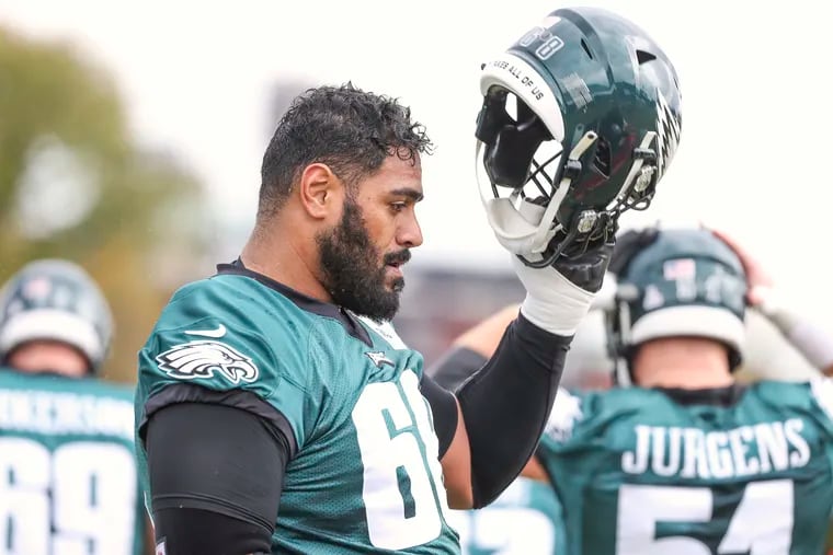 Eagles’ OT Jordan Mailata (68) during practice at the NovaCare Complex in South Philadelphia on Thursday, Oct. 13, 2022.