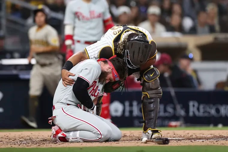 The Phillies' Bryce Harper reacts after being hit by a pitch from the Padres' Blake Snell in June.