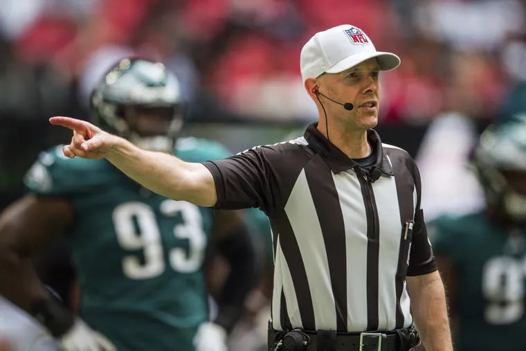 Referee Scott Novak  announces a penalty during the Eagles Week 1 win over the Atlanta Falcons.