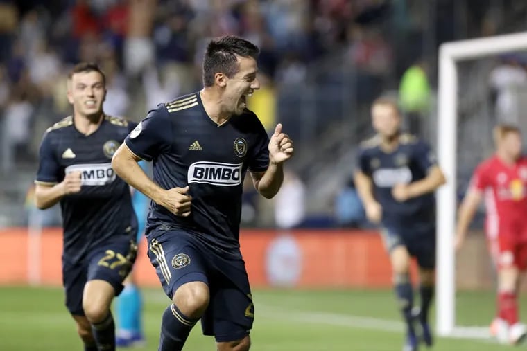 Ilsinho, center, of the Philadelphia Union celebrates after his game-winning goal in the 2nd half against the New York Red Bulls at Talen Energy Stadium on June 8, 2019.  The Union won 3-2.