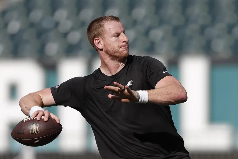Eagles quarterback Carson Wentz throws the football during warm-ups before the Eagles played a preseason game against the New York Jets.