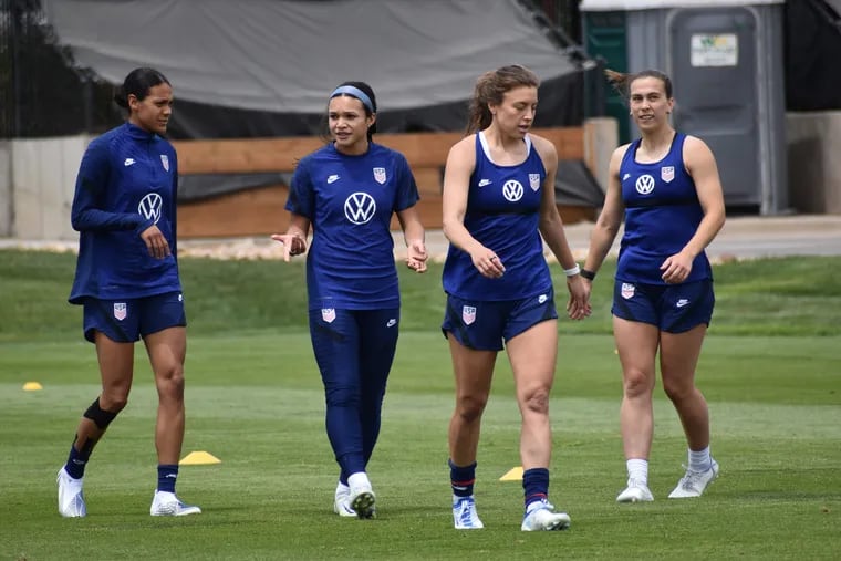 Sophia Smith (center) at a U.S. women's soccer team practice with (from left to right) Alana Cook, Sofia Huerta and Sam Coffey in suburban Denver on Tuesday.