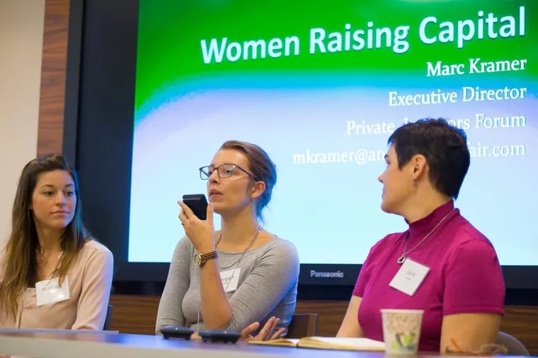 From left to right,  Melissa Schipke, Morgan Berman, and Jane Hoffer speak at a funding conference for women entrepreneurs Thursday.