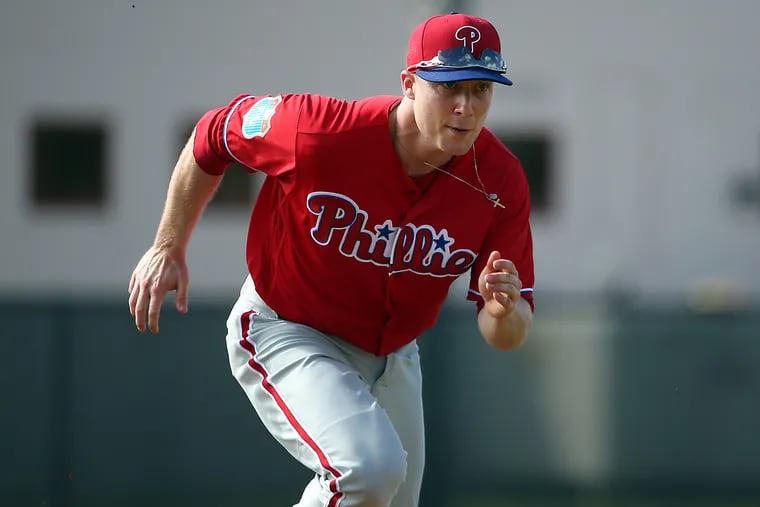 Cody Asche runs the bases during a drill at Phillies spring training in Clearwater, Fla., on Feb. 23, 2016.