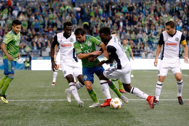 Derrick Jones (left) played a huge game for the Philadelphia Union in their 1-0 win at the Seattle Sounders.