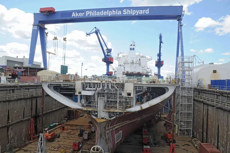 A ship under construction in the dry dock at the Aker shipyard at the Navy Yard in South Philadelphia.