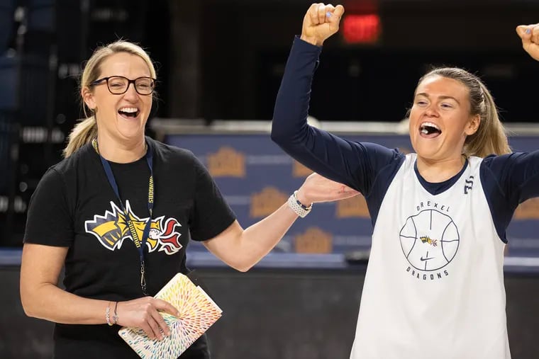 Drexel coach Amy Mallon (left) and guard Erin Doherty share a laugh during practice this week to prepare for Friday's matchup against Texas in the NCAA Tournament.