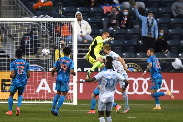 Kacper Przybylko scored the Union's first goal of the night with this header in the 26th minute.