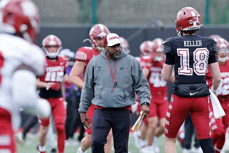Temple head coach Stan Drayton watches his players during the Cherry and White spring football game at Edberg-Olson Field in North Philadelphia on Saturday.