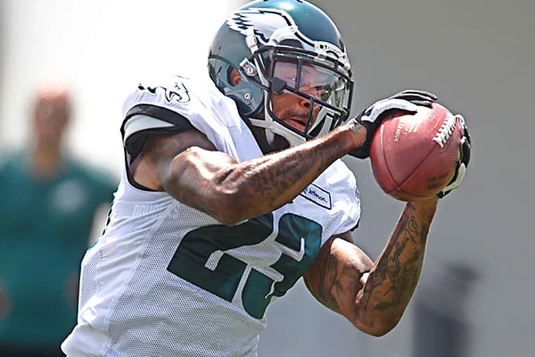 Eagles defensive back, #23, Nolan Carroll, runs his defensive route and catches the ball thrown to him during the 4th day of training camp at the Nova Care Center.