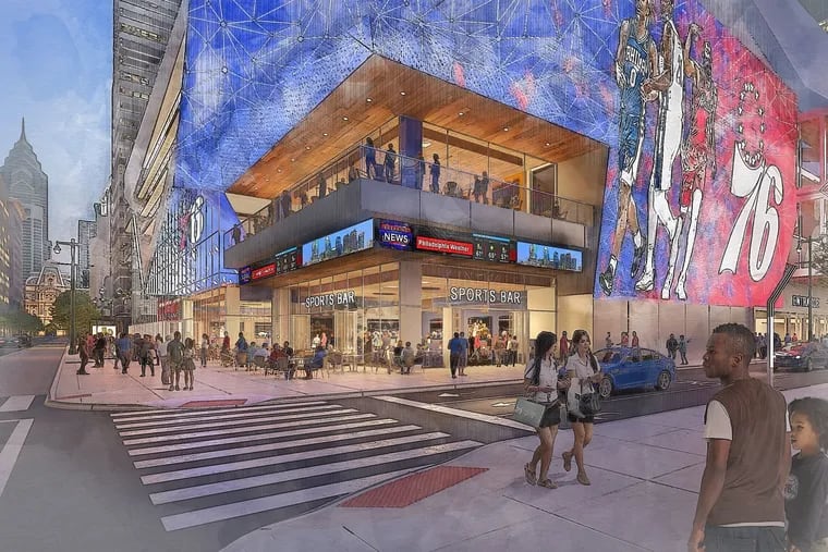 This view shows the proposed Sixers arena looking west from the corner of 10th Street.