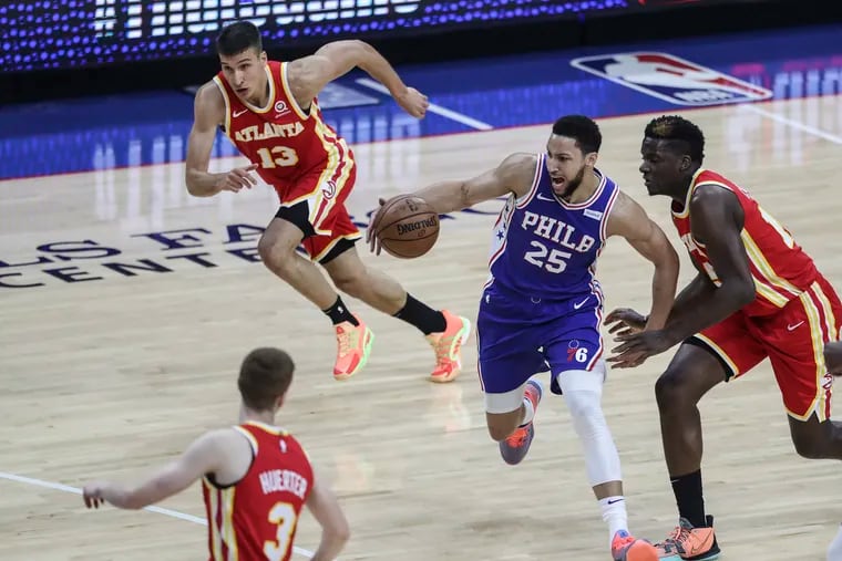 Ben Simmons dribbles during the first quarter of Game 5 against the Hawks.