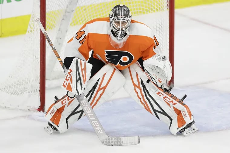 Flyers goaltender Anthony Stolarz, shown in a preseason game, will face the Penguins on Saturday for the first time in his career.