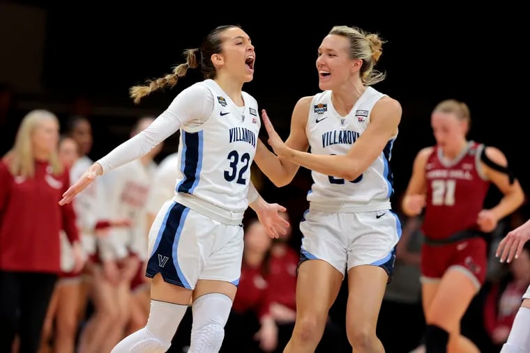 Villanova’s Bella Runyan is congratulated by Maddie Burke after hitting a 3-pointer giving Villanova a 9-point lead in the second quarter of the quarterfinal round of the WBIT tournament at Finneran Pavilion on Thursday, March 28, 2024, in Villanova.