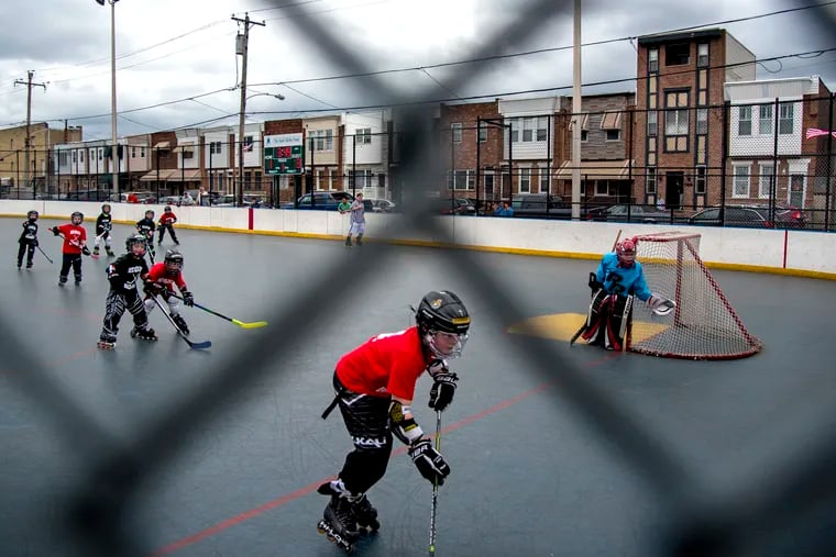 A youth hockey league on the rink at the Burke Playground in April. Since 2014, Philadelphia City Councilman Mark Squilla has directed $23,000 in public money to the Burke Community Fund, a nonprofit named for the playground.