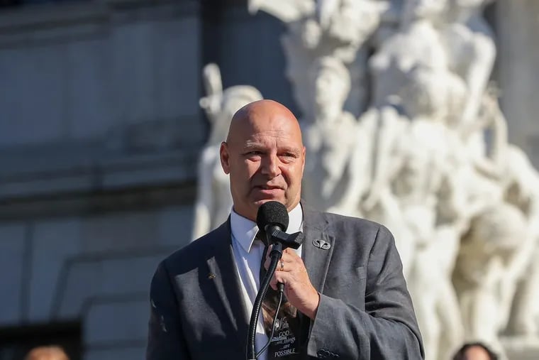 State Sen. Doug Mastriano, shown speaking during the ''Medical Freedom Rally'' on the steps of the Pennsylvania State Capitol on Nov. 9, 2021.