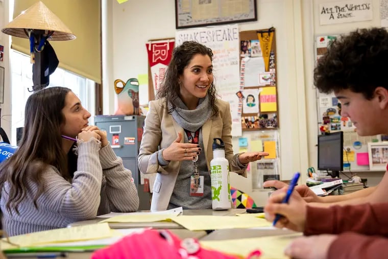Kimberly Dickstein Hughes, 33, of Voorhees, New Jersey's Teacher of the Year, helps her sophomore students at Haddonfield Memorial High School with an upcoming performance from a scene from "Merchant of Venice."