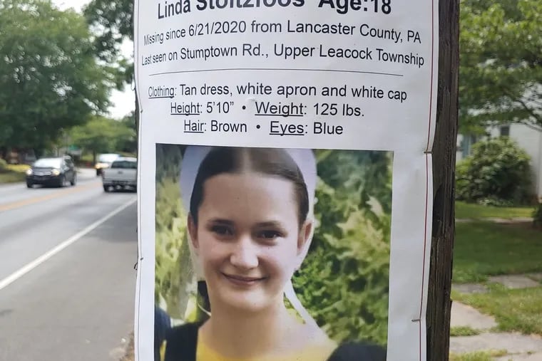 A Missing Person poster for Linda Stoltzfoos, an 18-year-old Amish woman reportedly kidnapped in Lancaster County, Pennsylvania