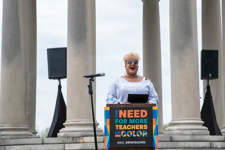 Camika Royal, an urban education expert, speaks during a “Teach-In” event hosted by Research for Action at FDR Park in South Philadelphia last Saturday. The event called for more teachers of color, who are underrepresented in Pennsylvania.