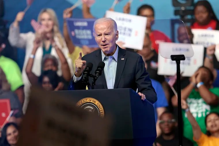 President Joe Biden speaks to people at the AFL-CIO convention at the Pennsylvania Convention Center on Saturday.