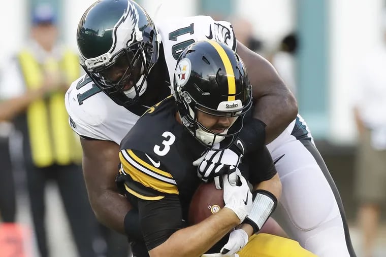 Eagles defensive tackle Fletcher Cox sacks Pittsburgh quarterback Landry Jones during the exhibition season.