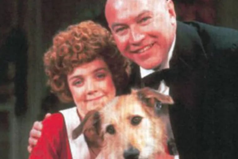 Actors Andrea McArdle as Annie and Reid Shelton as Daddy Warbucks w. Sandy in a scene from the Broadway production.