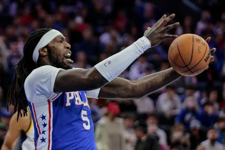 The Sixers' Montrezl Harrell grabs a rebound against the Pacers. He finished with 19 points