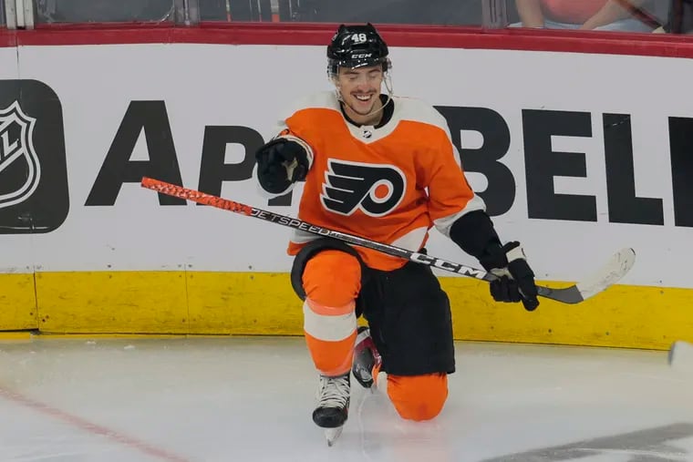 Flyers center Morgan Frost celebrates his power play goal, the first of his two goals Tuesday against the Montreal Canadiens.