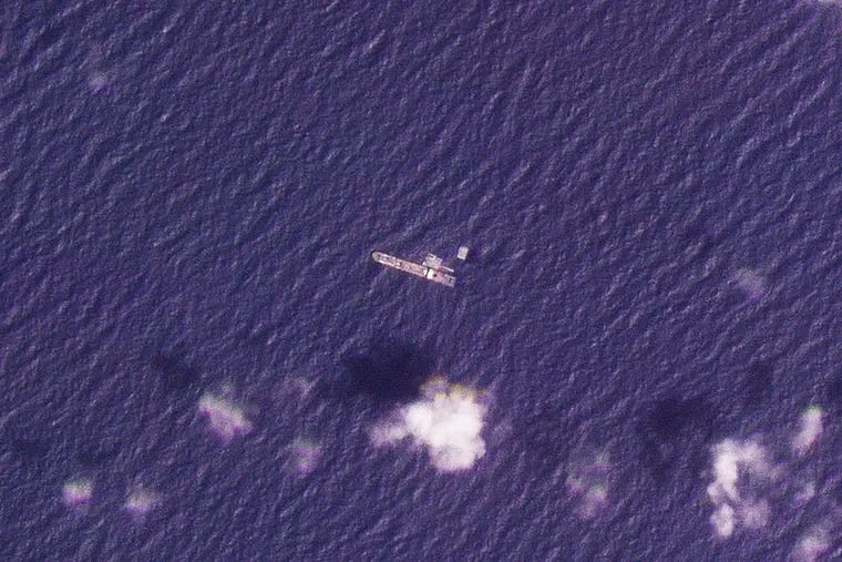 This satellite photo from Planet Labs PBC shows the USNS Roy P. Benavidez in the Mediterranean Sea off shore from the Gaza Strip on Saturday.