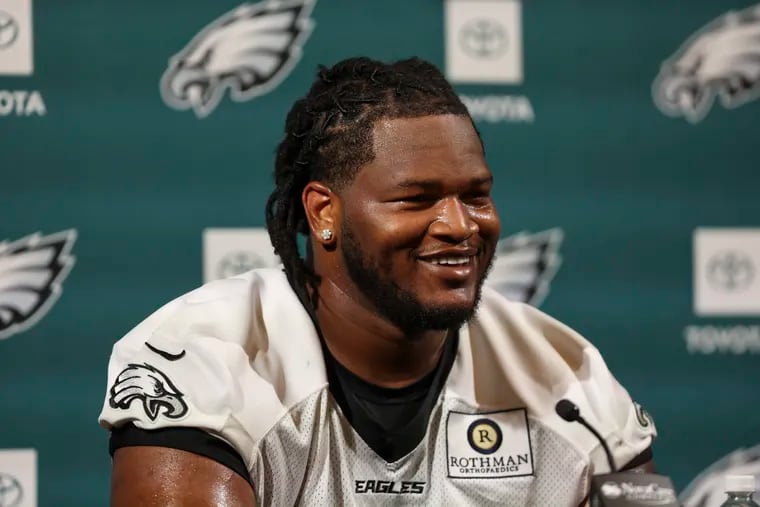 Eagles defensive tackle Jalen Carter speaks with reporters at the NovaCare Complex on Wednesday.