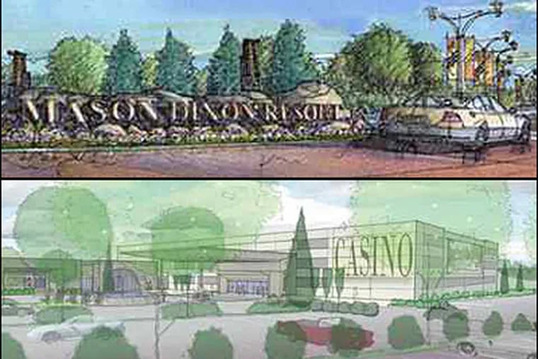 Architects' renderings from two casino license applicants: Mason-Dixon Resorts L.P. (top) and Penn Harris Gaming L.P. (bottom).