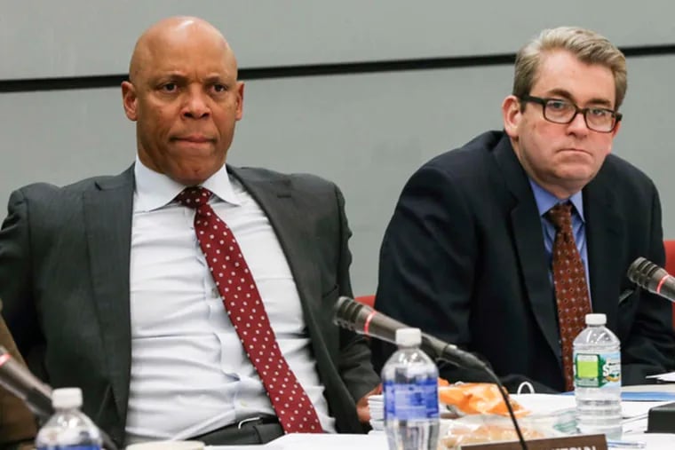 Superintendent William R. Hite Jr. (left) and School Reform Commission Chairman Bill Green at the SRC meeting. (Steven M. Falk / Staff Photographer)